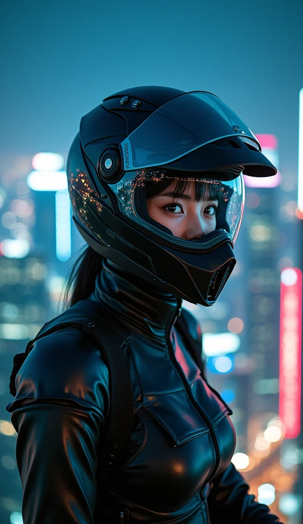 very beautiful Japanese high school girl, about to Ride on a off-road motorcycle, at the heliport of the top of the tallest building at night, amazing view of skyscrapers, dangerous place, dramatic scene, masterpiece, (face focus:1.3), clear helmet visor, beautiful eyes, Kawasaki bike, Shoei helmet, (wearing a cyber punk off-road rider's outfits), dynamic angle, 