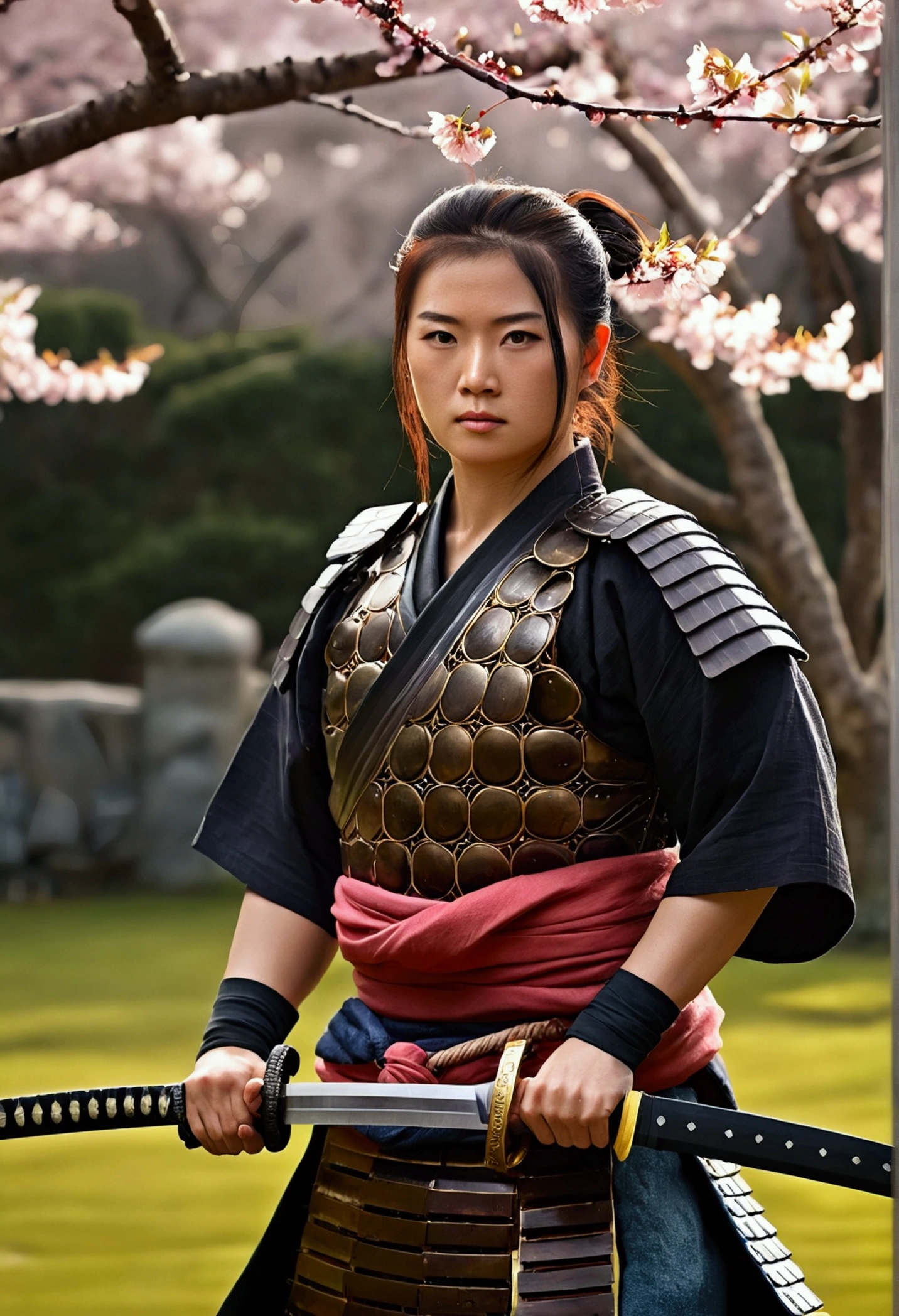 samurai, sword, katana, cherry blossom, japanese garden, detailed armor, dramatic lighting, dark moody atmosphere, ultra-detailed, (best quality,4k,8k,highres,masterpiece:1.2),ultra-detailed,(realistic,photorealistic,photo-realistic:1.37),detailed facial features,dramatic pose,detailed textures,muted color palette,moody lighting,intricate details,cinematic composition