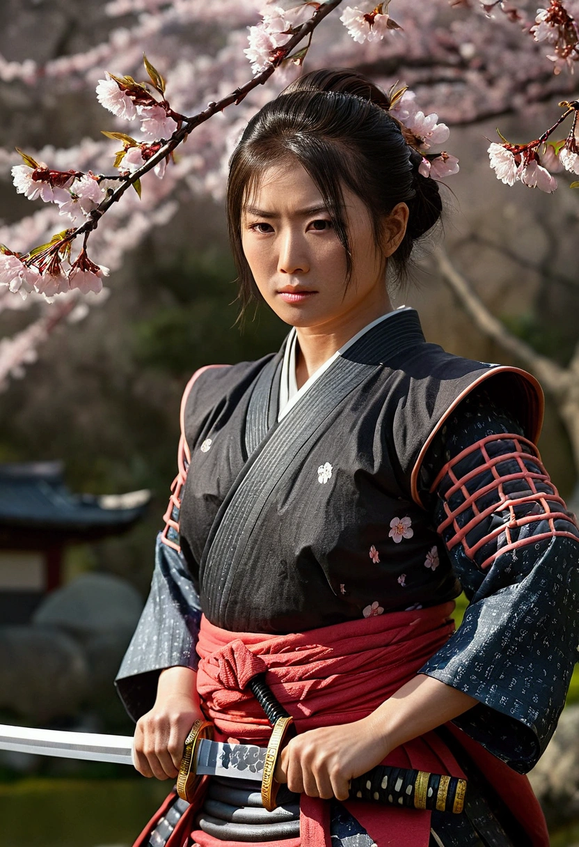 samurai, sword, katana, cherry blossom, japanese garden, detailed armor, dramatic lighting, dark moody atmosphere, ultra-detailed, (best quality,4k,8k,highres,masterpiece:1.2),ultra-detailed,(realistic,photorealistic,photo-realistic:1.37),detailed facial features,dramatic pose,detailed textures,muted color palette,moody lighting,intricate details,cinematic composition