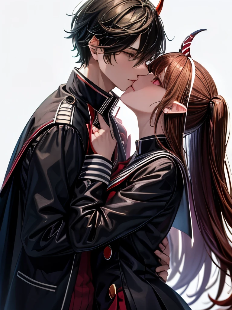 One person, One person, horn, school uniform, Pointed Ears, wing, Earrings, Seraphim, jewelry, White Background, Upper Body, Red eyes, demon wing, demon horn, Devil Boy, Simple Background, continue, Pink Eyes, Lips parted, black Seraphim, Brown Hair, Devil Girl, Black Hair, Long Hair, gakuran, Facing each other,Kiss,