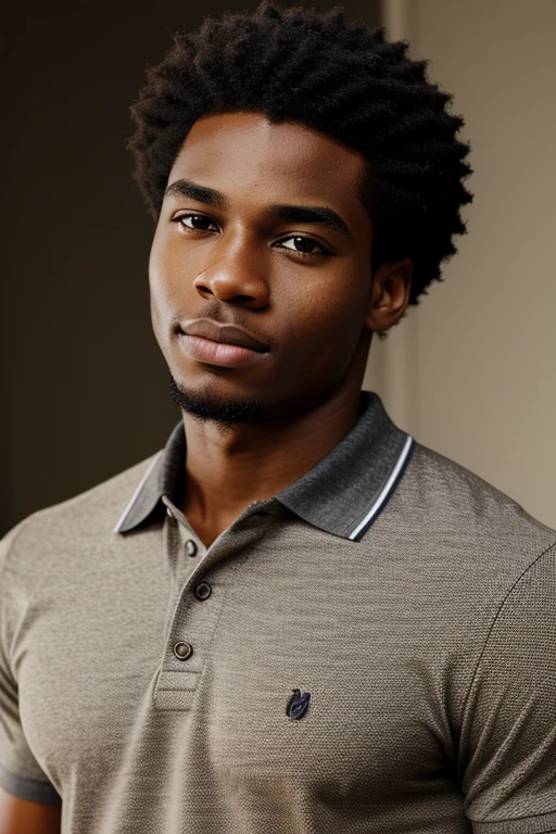 a realistic potrait photo of an african american youthful gentleman wearing a casual polo shirt he is handsome with an aloof expression and bushy eyebrows,realistic skin texture,lifelikeskin texture ,brown eyes masculine