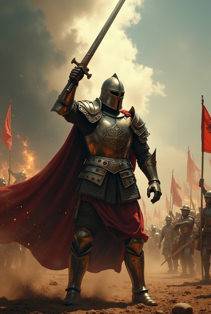 Warrior in shining armor and sword at war