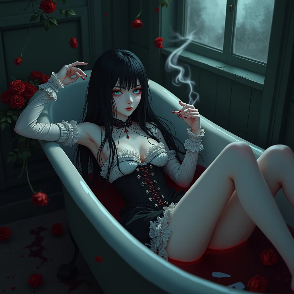 Male, sexy, long black hair, teal blue eyes, young, gothic, delicate features, no facial hair, no body hair, seductive, white and pale. White and black gothic frilly clothes. In a bloody bathtub. Bloody. Anime style. Gloomy. Smoking a cigarette. Unhappy. Despair. Bloody bathtub. Faded roses.