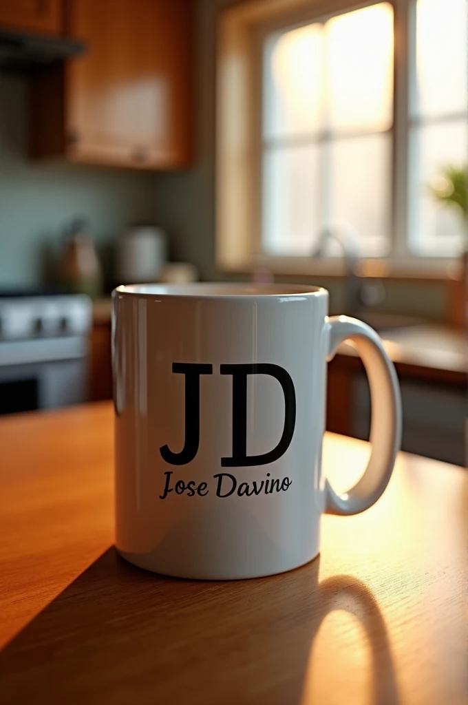 A mug with the acronym JD And below the acronym the name " Jose Davino average 