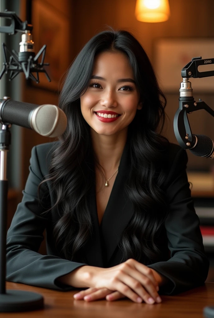 A beautiful woman with grey eyes and long, wavy black hair that hung down her shoulders. She had a radiant smile, her lips painted a soft red, and a confident and calm demeanor. Dressed in stylish yet professional attire, she exuded charm and intelligence. As a radio announcer, her voice was warm and alluring, with a melodic tone that easily caught the listener's attention. Her presence was captivating, combining beauty with a sharp wit and an undeniable passion for storytelling. a cute face typical of thailand, she is 33 years old, sitting
