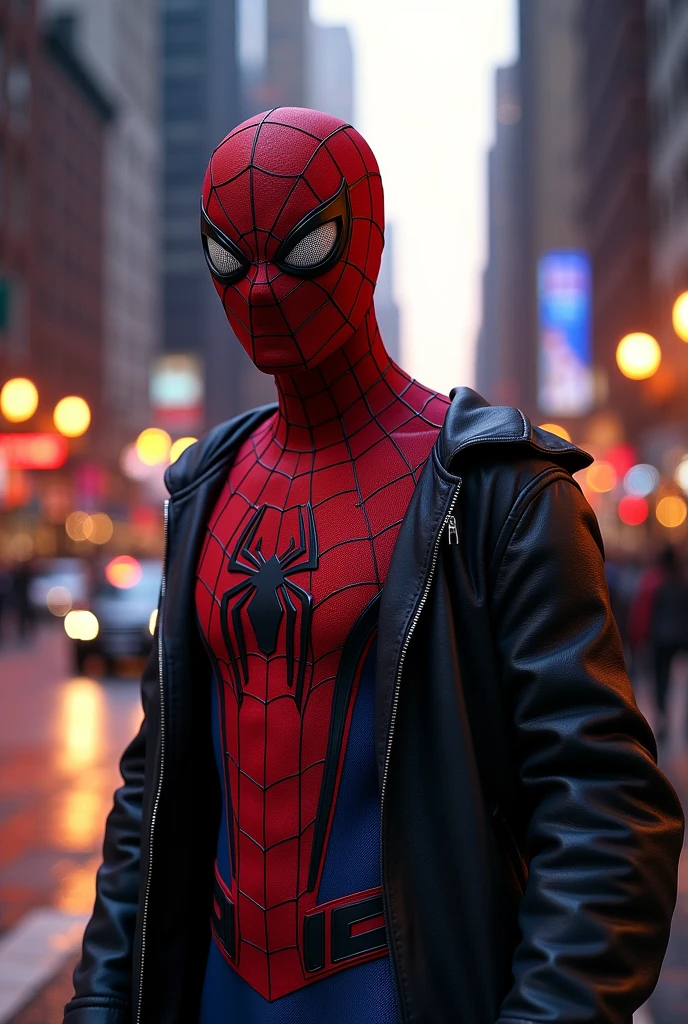 Spider man,realisitic,hyper realism, Athletic muscle,with textured saturated red and blue trage. And a jacket over the suit