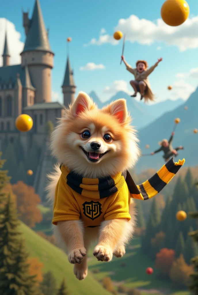 Create an image of a beige German Spitz dog dressed in the Hufflepuff house uniform from the Harry Potter saga flying on a broomstick in a Quidditch game at Hogwarts