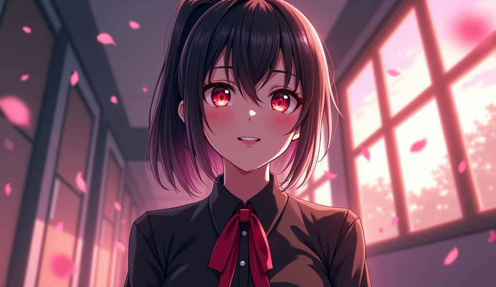 (masterpiece, best quality, glowing light, glistening, shiny skin, ultra detailed, detailed background, complex background),((1girl)),(perfect face, detailed face, detailed eyes,perfect hands,perfect fingers), (medium boobs:1.2,evil smile:1.4),(mature female:1.4),cowboy shot,thicc,(from below:1.4),((half-closed eyes)):1.5, shinomiya_kaguya,((black dark gradient hair:1.5)), gradient eyes, (glowing eyes:1.45), mascara, (fashion make up), parted lips,blush, parted bangs, ribbon, red ribbon, hair ribbon, folded ponytail, dress, black dress, , long sleeves, neck ribbon ((landscape,school, corridor, doors to classrooms, panoramic window, view of the playground, cherry blossom petals flying))((super detailed background)), dynamic poses, ((8k wallpaper)), Showing her pussy under her dress, squeezing her breasts, mocking face, no panties, pussy on display, showing her pussy