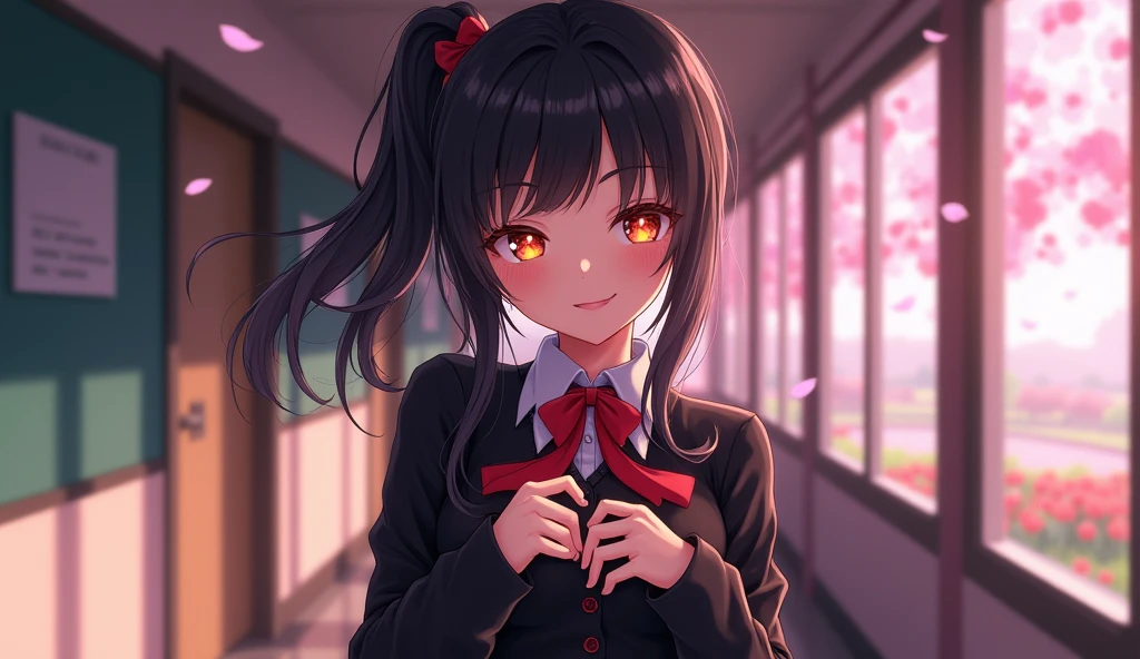 (masterpiece, best quality, glowing light, glistening, shiny skin, ultra detailed, detailed background, complex background),((1girl)),(perfect face, detailed face, detailed eyes,perfect hands,perfect fingers), (medium boobs:1.2,evil smile:1.4),(mature female:1.4),cowboy shot,thicc,(from below:1.4),((half-closed eyes)):1.5, shinomiya_kaguya,((black dark gradient hair:1.5)), gradient eyes, (glowing eyes:1.45), mascara, (fashion make up), parted lips,blush, parted bangs, ribbon, red ribbon, hair ribbon, folded ponytail, dress, black dress, , long sleeves, neck ribbon ((landscape,school, corridor, doors to classrooms, panoramic window, view of the playground, cherry blossom petals flying))((super detailed background)), dynamic poses, ((8k wallpaper)), Showing her pussy under her dress, squeezing her breasts, mocking face, no panties, pussy on display, showing her pussy
