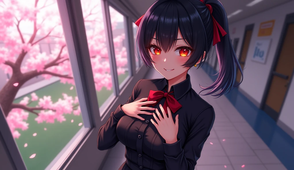 (masterpiece, best quality, glowing light, glistening, shiny skin, ultra detailed, detailed background, complex background),((1girl)),(perfect face, detailed face, detailed eyes,perfect hands,perfect fingers), (medium boobs:1.2,evil smile:1.4),(mature female:1.4),cowboy shot,thicc,(from below:1.4),((half-closed eyes)):1.5, shinomiya_kaguya,((black dark gradient hair:1.5)), gradient eyes, (glowing eyes:1.45), mascara, (fashion make up), parted lips,blush, parted bangs, ribbon, red ribbon, hair ribbon, folded ponytail, dress, black dress, , long sleeves, neck ribbon ((landscape,school, corridor, doors to classrooms, panoramic window, view of the playground, cherry blossom petals flying))((super detailed background)), dynamic poses, ((8k wallpaper)), Showing her pussy under her dress, squeezing her breasts, mocking face, no panties, pussy on display, showing her pussy
