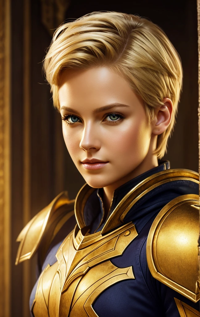 masterpiece, best quality, 1woman, solo, fantasy art, female paladin, beautiful, portrait, short blonde hair, golden eyes, looking at viewer,