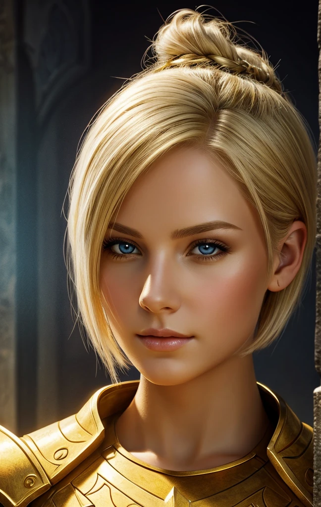 masterpiece, best quality, 1woman, solo, fantasy art, female paladin, beautiful, portrait, short blonde hair, golden eyes, looking at viewer,