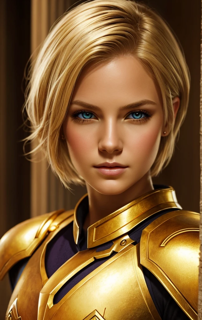 masterpiece, best quality, 1woman, solo, fantasy art, female paladin, beautiful, portrait, short blonde hair, golden eyes, looking at viewer,