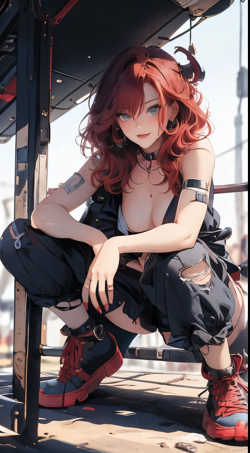 ​masterpiece, highest quality, pixiv, cooles Girl, the strongest pirate girl, topless, (((Close up POV full body portrait, sexy seductive slutty pose:1.2))), Lips in love, Red hair, curly Red hair, blunt bangs, straight bangs, blue eyes, White skin, Girl, improve,Look at the viewer, smile,