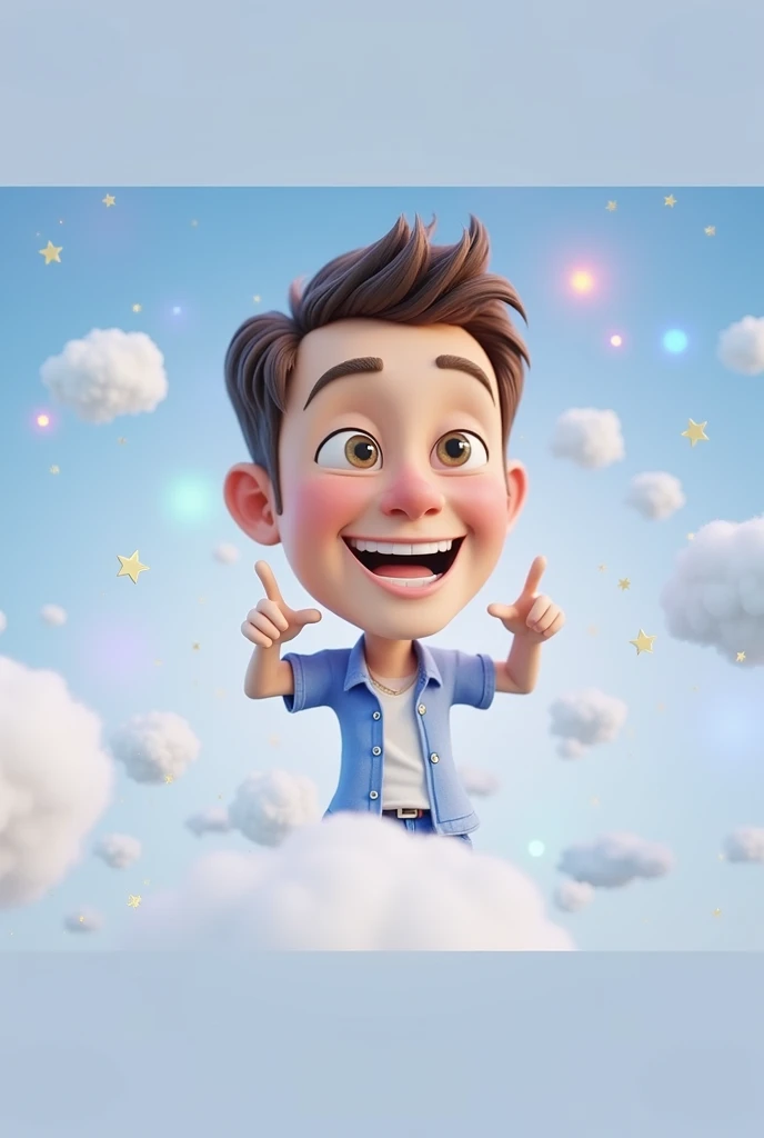 Cartoon character of a man blue shirt, an animated character, stylized character, animation style rendering, 3d stylized, smiling and making a happy sign with both hands