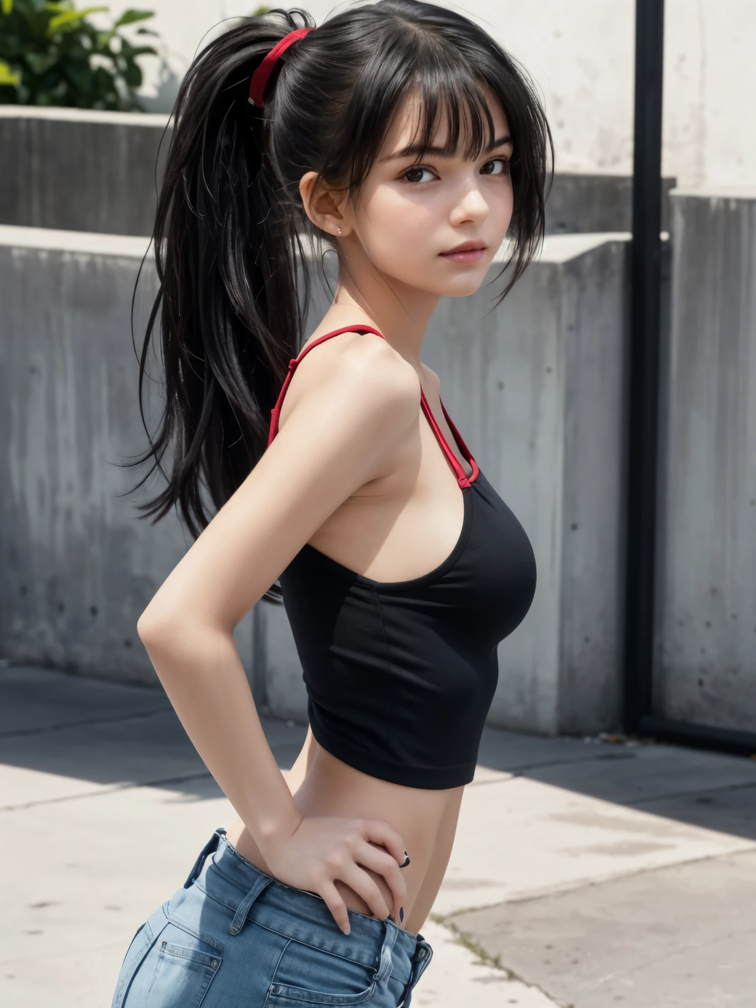 1girl, standing, from side, both hands behind her back, hands clasped together or resting naturally, head tilt, black hair, ponytail, windswept, flat bangs, detailed face, (looking at viewer:1.6), parted lips, red crop camisole, sporty, sideboob, (****, cute:1.2), (breasts:1.2), shoulder, white concrete, sunny weather,