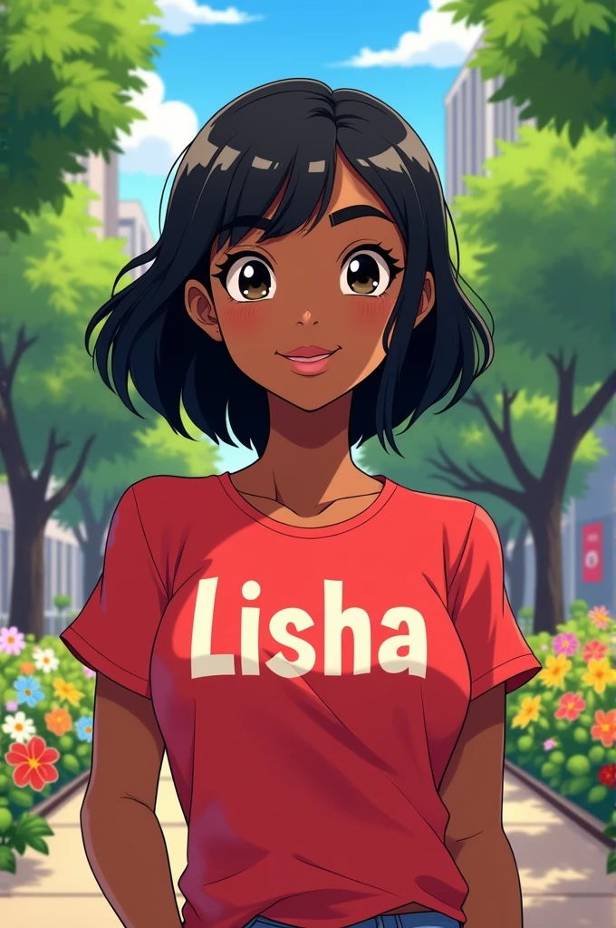 1 girl ,anime style, chocolate skin colour, black medium hair size,red t-shirt written Lisha on it,