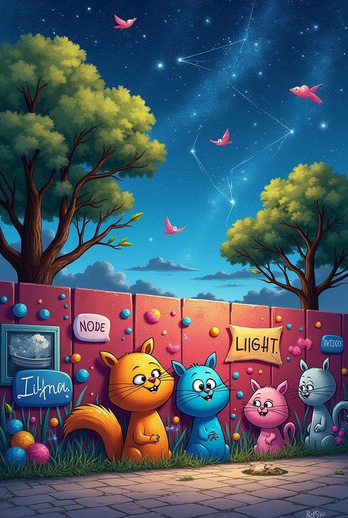 an image where there is a graffiti that has good notes, small animals and a few trees and pieces of glass and a large constellation