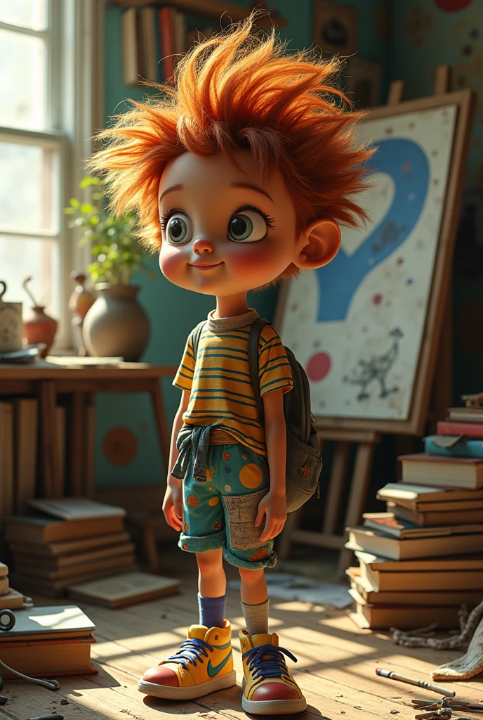 Character in the style of the movie Intensely curious with messy hair and clothes that don&#39;t match , thoughtful face 
