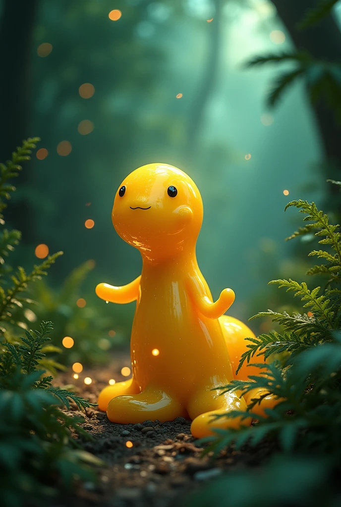 A mischievous slime with golden coloring, not cartoon style, menos realista