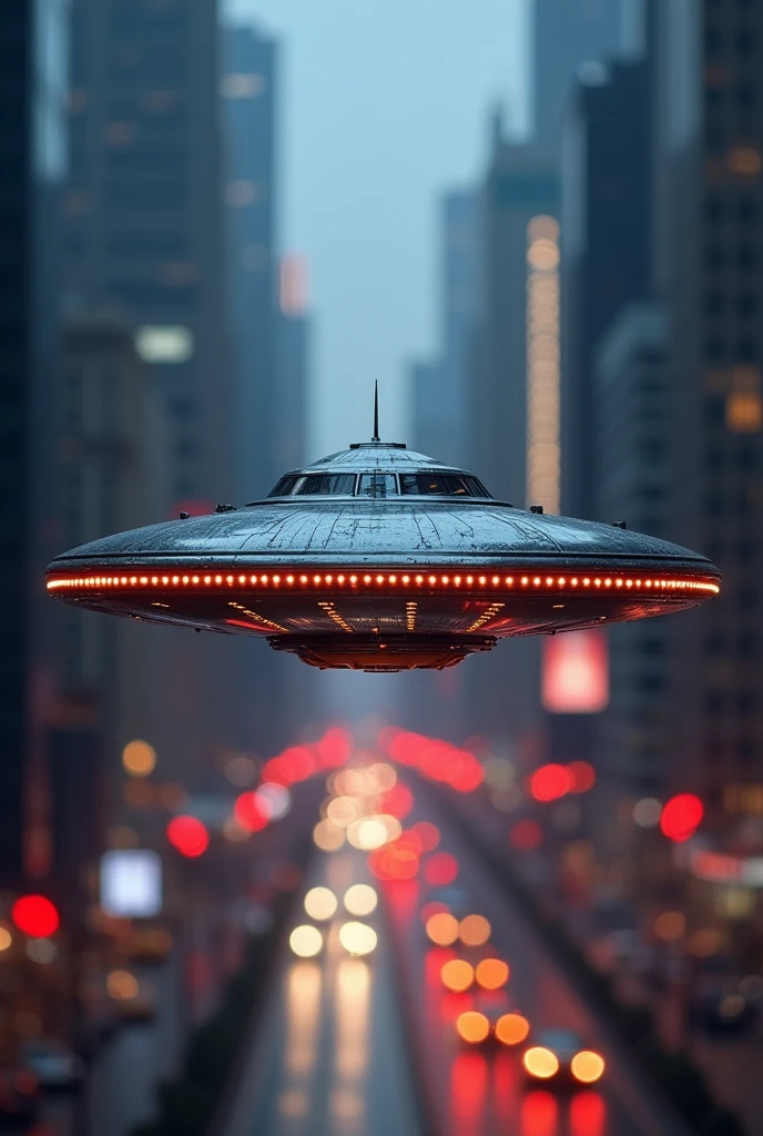Real UFO in the city, blurred background