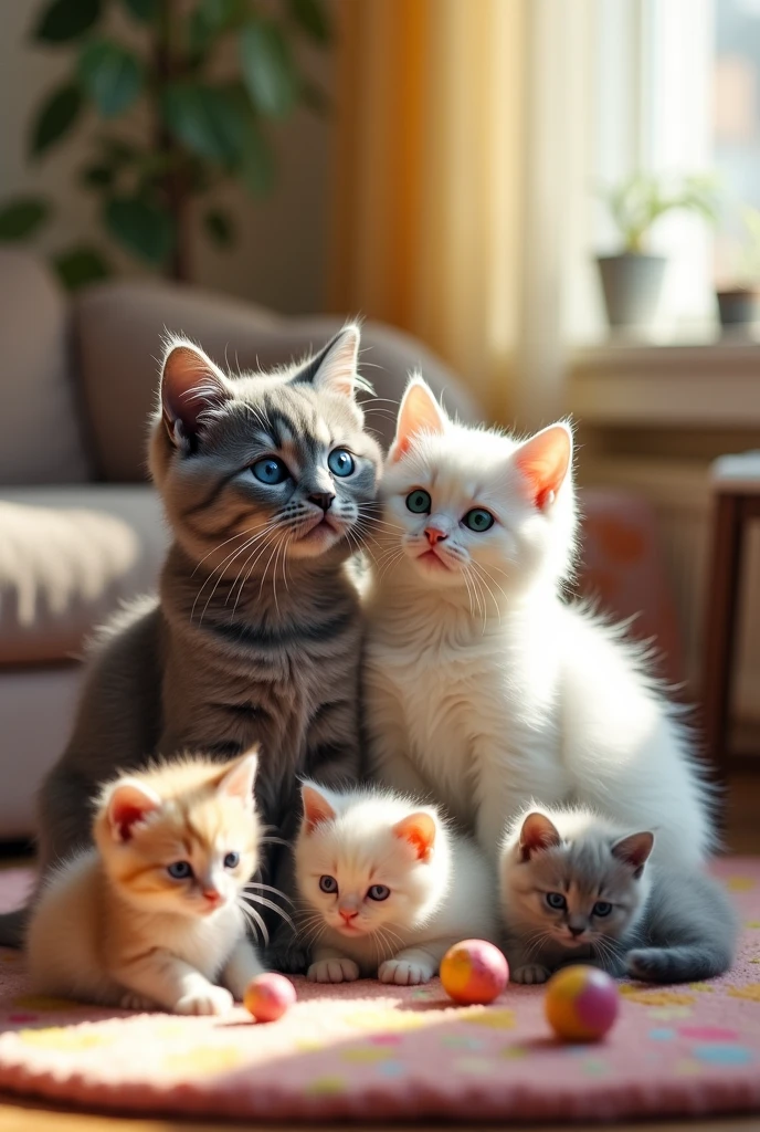 The gray cat with blue eyes and the white cat with green eyes have a family with 3 children., show the whole family. Cat children are babies