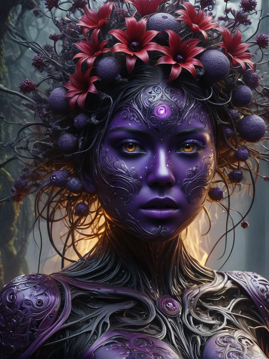 (Imagine:1.3), (full-body shot:1.5), (Wide_shooting:1.4),(full_shooting:1.4),(Aleksi Briclot style:1.3),Character concept design,In this surreal horror picture,(Facial parasites:1.2),(Facial disfigurement:1.1),(An anemic woman appears to be infested by a strange plant and fungal virus:1.1),(Her facial features are distorted and abstracted:1.2), Looks like experiencing an unknown force of nature, her Eye opened to flaming flowers,Flowers grow wildly,(Cover the entire right half of the face starting from the eyeball:1.2),Just like the anger left after being eroded by the virus,Hair is like a lush plant or flower,It forms a strange pattern,The golden patterns and decorations seem to be infected by the virus,twisted and spread over her clothes,Like a vine,Flowers in bloom,Beside her,Blurred floral patterns seem to come alive, Echoing the viral pattern on her body,A strange ecosystem has formed,the dark background highlights the loneliness and vulnerability of the girl,(Horrible atmosphere:1.3),(Black:1.3),(dark:1.2),(purple:1.1),(Metal Constraints:1.1),(dark purple:1.1),(Asymmetry:1.4),(Supernatural horror force:1.7),Vein Plants,Thick rhizomes entangled,(cover_Eye:1.4),(Metal viruses invade plants:0.9),(Weird red plant:1.4),(dark and dirty faces:1.5),(Right eye enlargement:1.8),(metallic patterns:1.6),(Not a human face:1.3),, Ultra wide angle, Ultra HD, Anatomically correct, precise, masterpiece, The award-winning, 8K