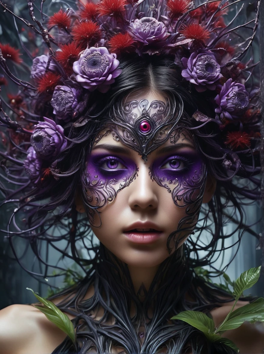 (Imagine:1.3), (full-body shot:1.5), (Wide_shooting:1.4),(full_shooting:1.4),(Aleksi Briclot style:1.3),Character concept design,In this surreal horror picture,(Facial parasites:1.2),(Facial disfigurement:1.1),(An anemic woman appears to be infested by a strange plant and fungal virus:1.1),(Her facial features are distorted and abstracted:1.2), Looks like experiencing an unknown force of nature, her Eye opened to flaming flowers,Flowers grow wildly,(Cover the entire right half of the face starting from the eyeball:1.2),Just like the anger left after being eroded by the virus,Hair is like a lush plant or flower,It forms a strange pattern,The golden patterns and decorations seem to be infected by the virus,twisted and spread over her clothes,Like a vine,Flowers in bloom,Beside her,Blurred floral patterns seem to come alive, Echoing the viral pattern on her body,A strange ecosystem has formed,the dark background highlights the loneliness and vulnerability of the girl,(Horrible atmosphere:1.3),(Black:1.3),(dark:1.2),(purple:1.1),(Metal Constraints:1.1),(dark purple:1.1),(Asymmetry:1.4),(Supernatural horror force:1.7),Vein Plants,Thick rhizomes entangled,(cover_Eye:1.4),(Metal viruses invade plants:0.9),(Weird red plant:1.4),(dark and dirty faces:1.5),(Right eye enlargement:1.8),(metallic patterns:1.6),(Not a human face:1.3),, Ultra wide angle, Ultra HD, Anatomically correct, precise, masterpiece, The award-winning, 8K
