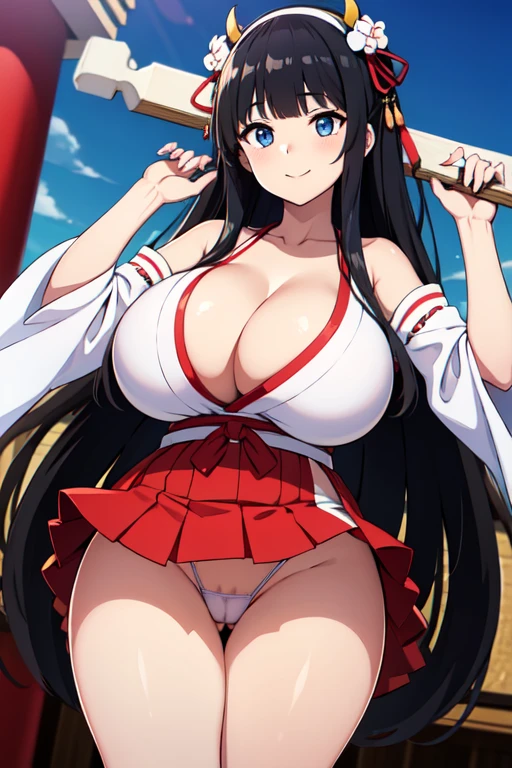 good quality, best quality, highres, absurdres, 8k, 4K, masterpiece, Girl in Japanese shrine maiden outfit, (Hime cut), (super long black hair),(((straight bangs, blunt bangs))),(White headband), Blue eyes, super long black hair, hair ornament, ribbon, smile, Showing her breasts, (Huge breasts:1.3), Cleavage, White kimono, Shoulder-exposing sleeves, open-chested costume, Short skirt, Red Skirt, (upskirt), cameltoe,