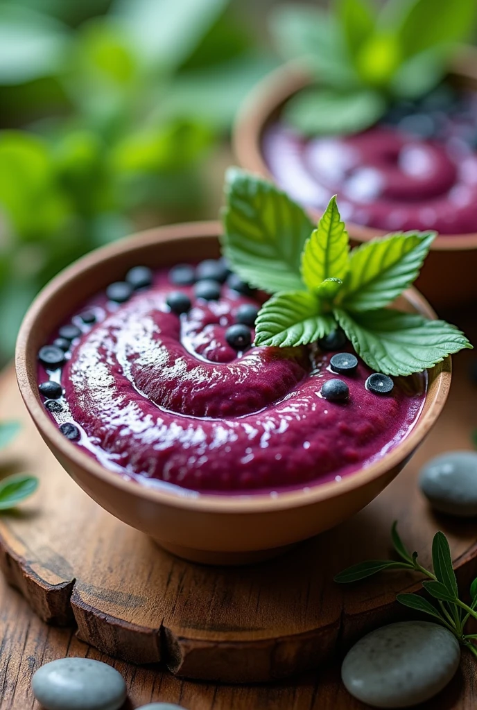 No design, You can use a picture of a very tasty acai bowl, with a creamy texture and a touch of fresh açaí, not including additional fruits. Choose a color palette that evokes nature and freshness, like shades of purple and green.