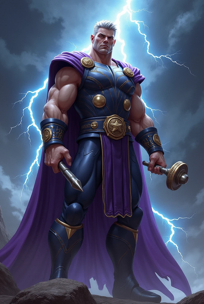 General appearance: Victor is an adult man of strong and muscular build, with short, snow-white hair. His face is angular and has an air of severity that reflects his relentless nature.. Her skin has a slightly tanned tone..
outfit: He doesn&#39;t wear armor, preferring to wear a long purple robe with gold details that falls to the ground, giving it a majestic air. Symbols of thunder and lightning are embroidered on their clothing., reflecting his affinity with the power of electricity. He often carries his Stormbreaker, Mjolnir, In his hand, and Zeus&#39;s thunderbolt is tied to his waist.
Distinctive Details: Electrical energy often crackles around them, especially when he is angry or focused. His gaze is penetrating, and the electricity emanating from his body gives the impression that he is always ready to unleash his destructive fury..