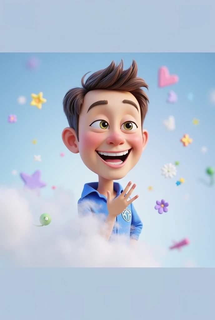 Cartoon character of a man blue shirt, an animated character, stylized character, animation style rendering, 3d stylized, smiling and making a gesture and with the left eye closed