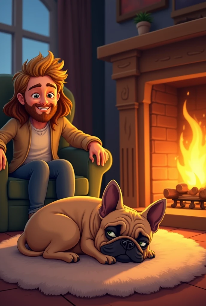 (photorealism:1.2),Create a cartoon illustration of my pet with a 2D animation style. He's taking a nap in his favorite spot by the fire. It is a fawn French bulldog breed dog, you can do it next to a fireplace with its owner, a man with blonde hair, green eyes with a full beard on his face, you can add a woman with brown hair, brown eyes.