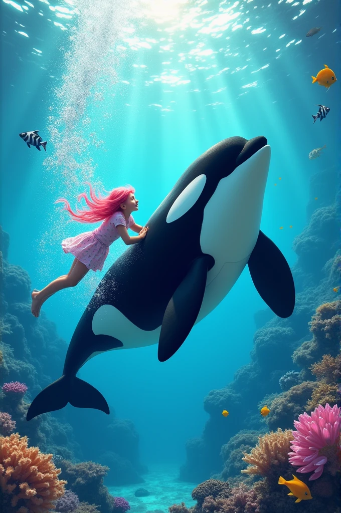 Pink hair girl swimming with an orca