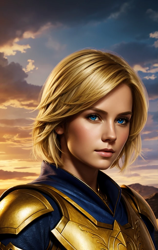masterpiece, best quality, 1woman, solo, fantasy art, female paladin, beautiful, portrait, short blonde hair, looking at viewer,