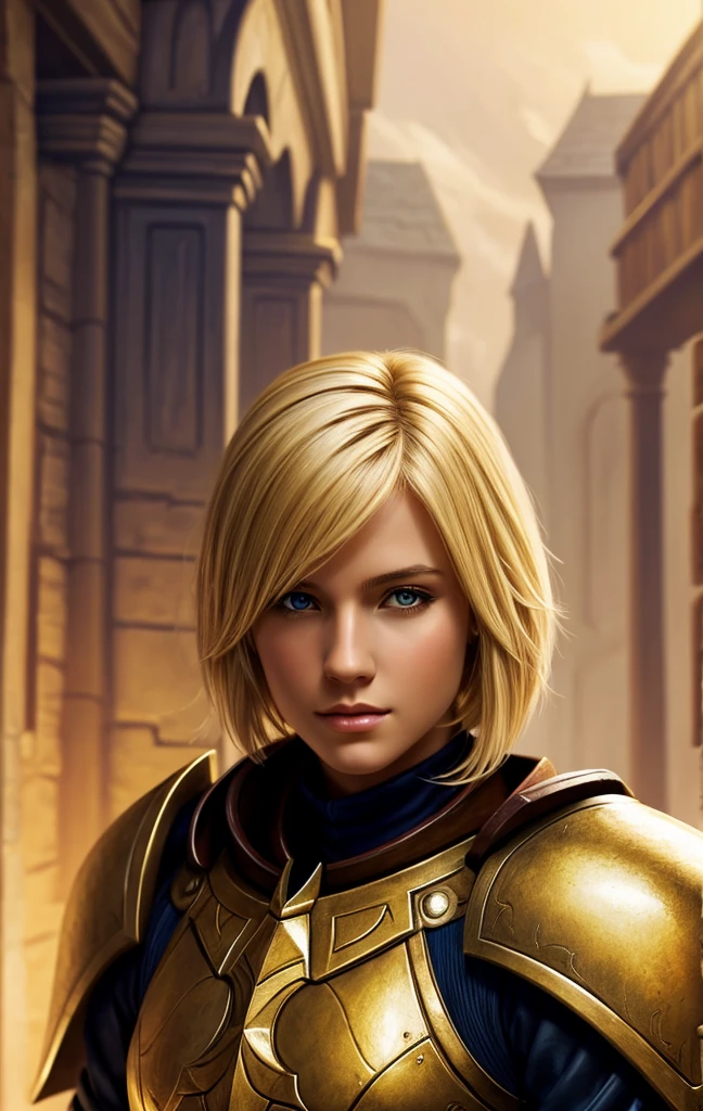masterpiece, best quality, 1woman, solo, fantasy art, female paladin, beautiful, portrait, short blonde hair, looking at viewer,