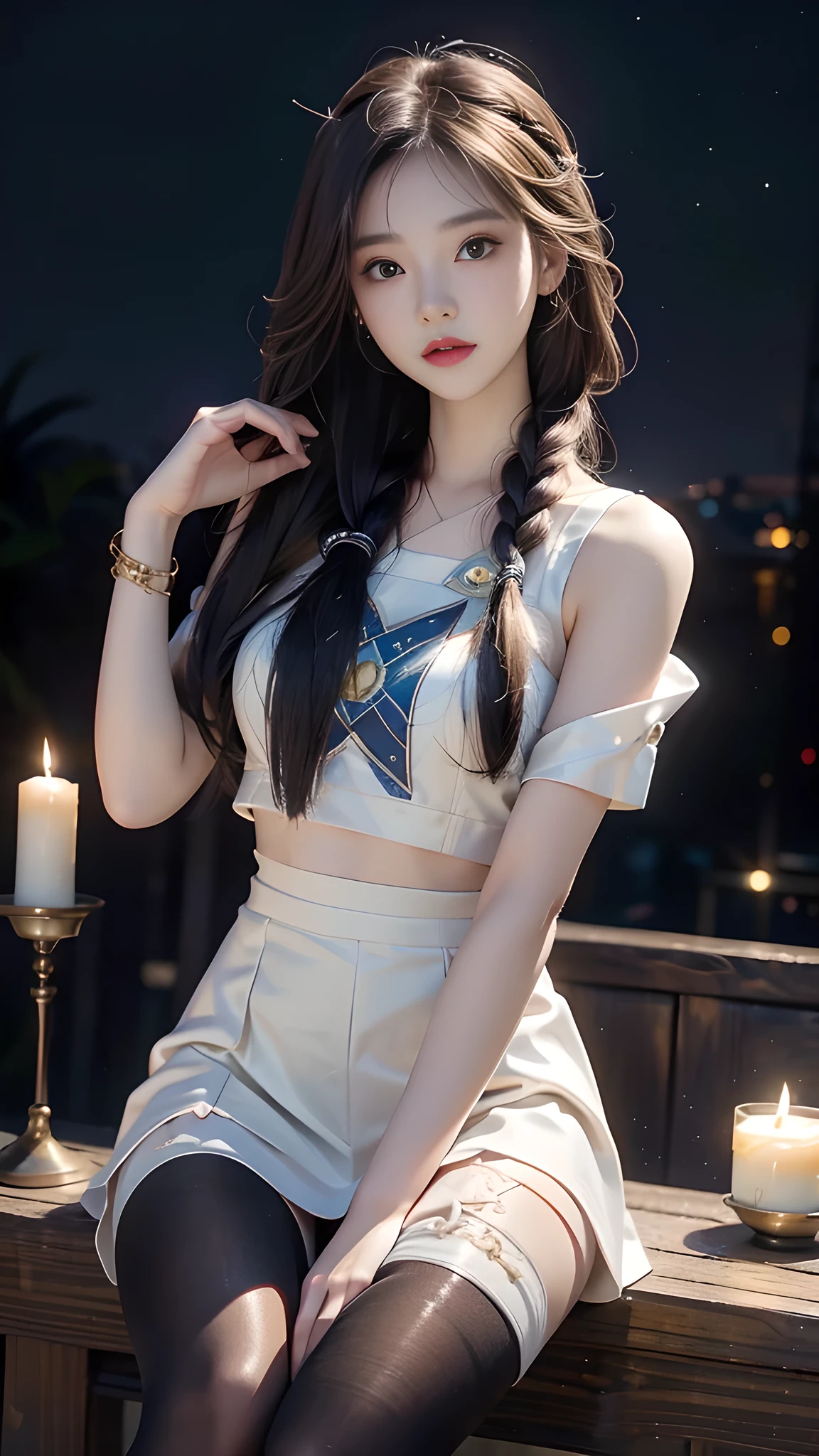 ulzzang-6500-v1.1, (RAW photo: 1.2), (Real photo), (Real photo: 1.4), 1 girl、Perfect anatomy、19 years old、Looking at the camera、Medium length hair、side braid, short white uniform skirt, holding a white jade bracelet next to the flickering candles at night, under the starry night sky, ((starry night: 1.1))、(Hyperrealistic tights: 1.2), (Business service)、Asian eyes Ella,