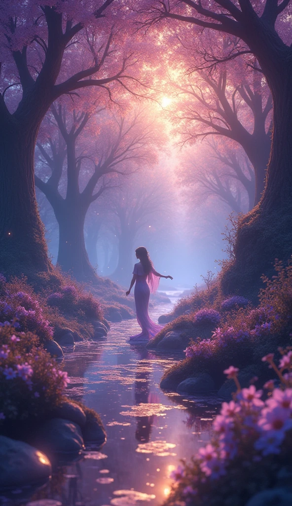 Create a mystical and ethereal scene where synchronicity is occurring. The setting should have a dreamlike quality, with soft, glowing lights and swirling, vibrant colors blending together. Subtle symbols or objects, such as clocks, numbers, or mirrored images, should be present, representing the idea of meaningful coincidences and connections. The atmosphere should feel magical and otherworldly, with an underlying sense of mystery and wonder, as if the viewer is witnessing a moment where everything aligns perfectly in a harmonious and inexplicable way.