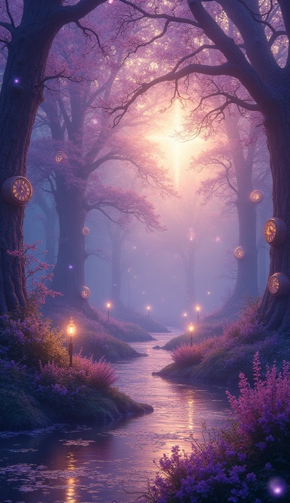 Create a mystical and ethereal scene where synchronicity is occurring. The setting should have a dreamlike quality, with soft, glowing lights and swirling, vibrant colors blending together. Subtle symbols or objects, such as clocks, numbers, or mirrored images, should be present, representing the idea of meaningful coincidences and connections. The atmosphere should feel magical and otherworldly, with an underlying sense of mystery and wonder, as if the viewer is witnessing a moment where everything aligns perfectly in a harmonious and inexplicable way.