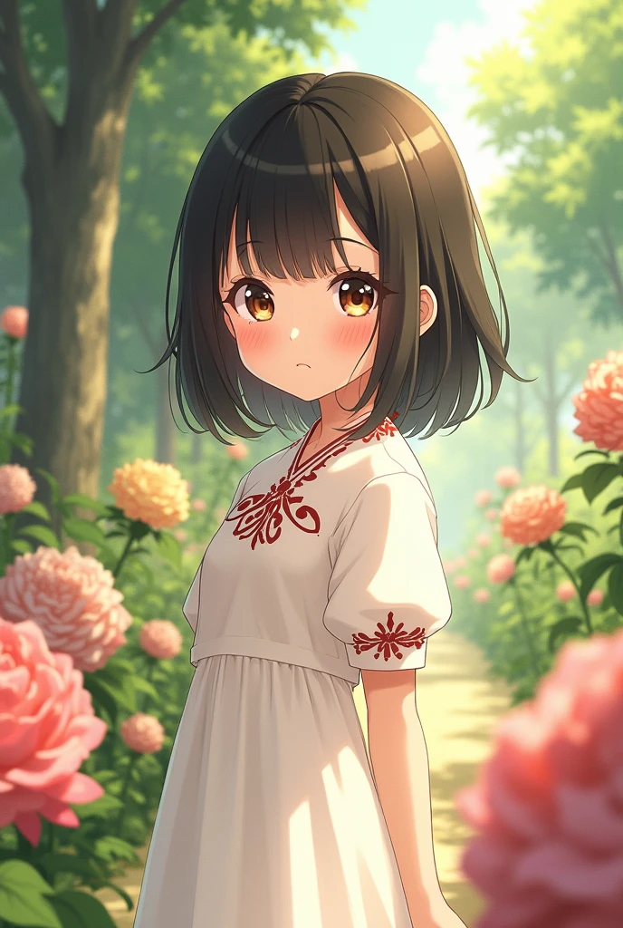 Girl, like , short black hair to mid-neck, Brown eyes, He wears elegant but modest clothes, like a white dress with red. anime style.