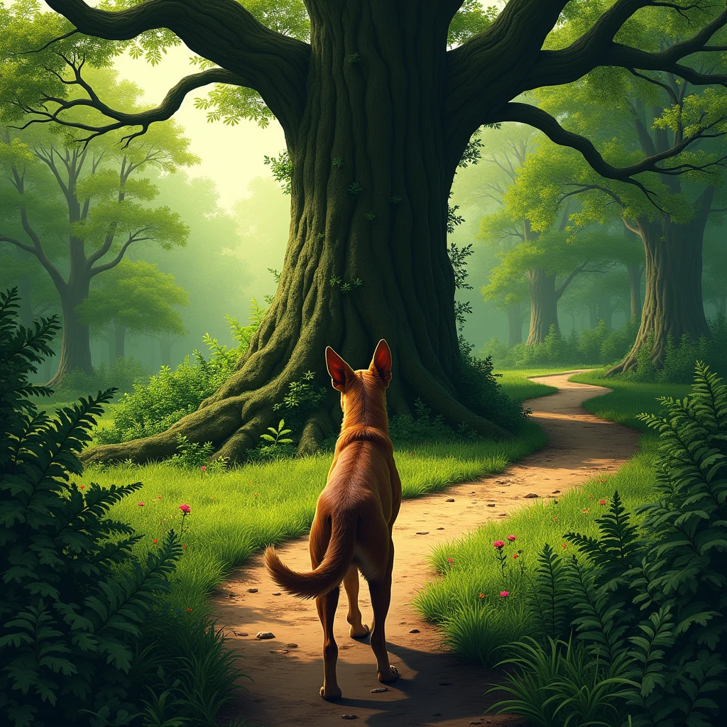 A photograph taken from behind of a brown dog sitting at a fork in a trail deep within a dense forest. The dog is at the crossroads, looking intently at a large tree in front of it, appearing as if it is pondering which path to take. The trail splits into two directions around the tree, and the foliage is lush and green, with sunlight filtering through the leaves, creating dappled shadows on the ground. The dog’s ears are perked up, conveying curiosity and contemplation.