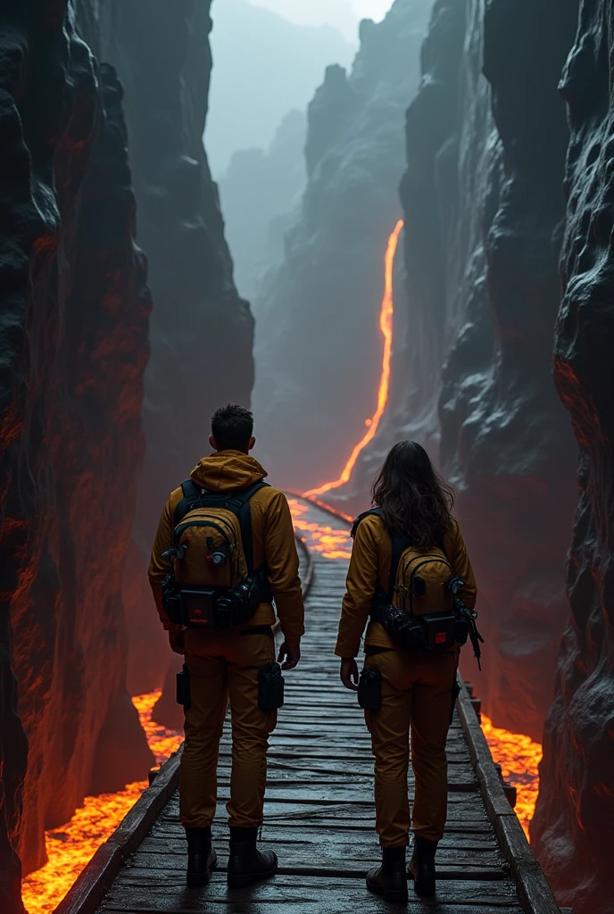A dark cave with a huge cliff and in the background a river of lava and a super long wooden bridge connecting the exit of the cave and the other part of the cave. And there are also two scientists, a young man and a woman with loose hair, about to cross the bridge.. And everyone has special clothing for dangerous expeditions