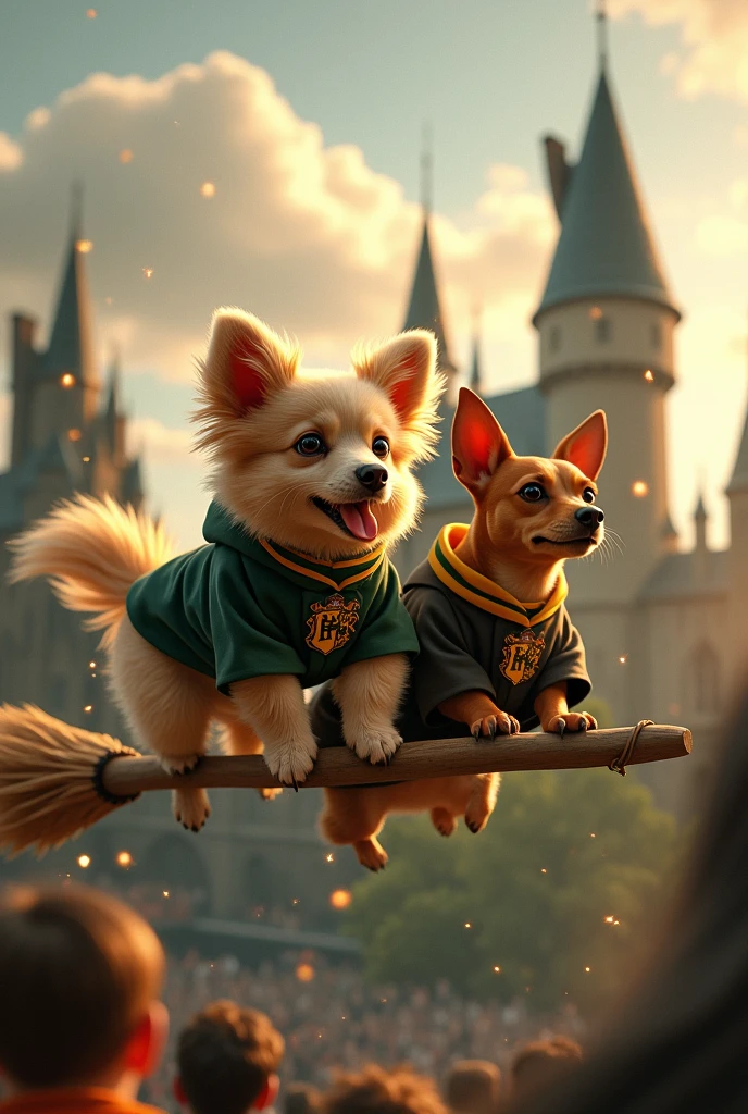 Create an image of a beige German Spitz dog dressed in the Hufflepuff house uniform from the Harry Potter saga flying on a broomstick in a Quidditch game at Hogwarts, along with a dachshund wearing Slytherin house clothes