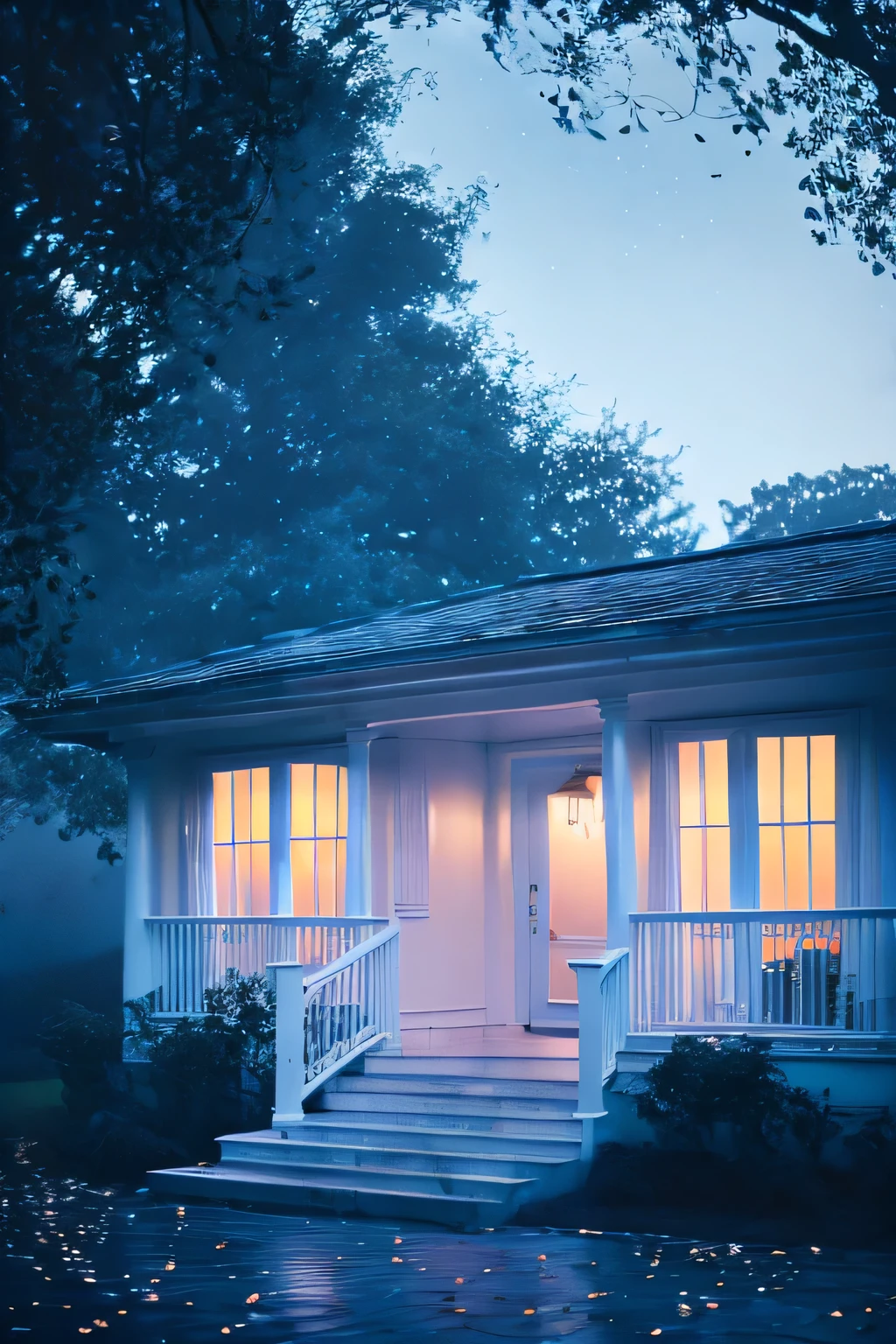 a white dreamy house, patio, retro, foggy, soft focus, year of 1995, cool lighting, muted pastel colors, glowing atmosphere, dramatic shadows, cinematic composition, dream-like quality, ethereal, romantic, soft focus photography, dark blue hour, midnight, windy, white marble