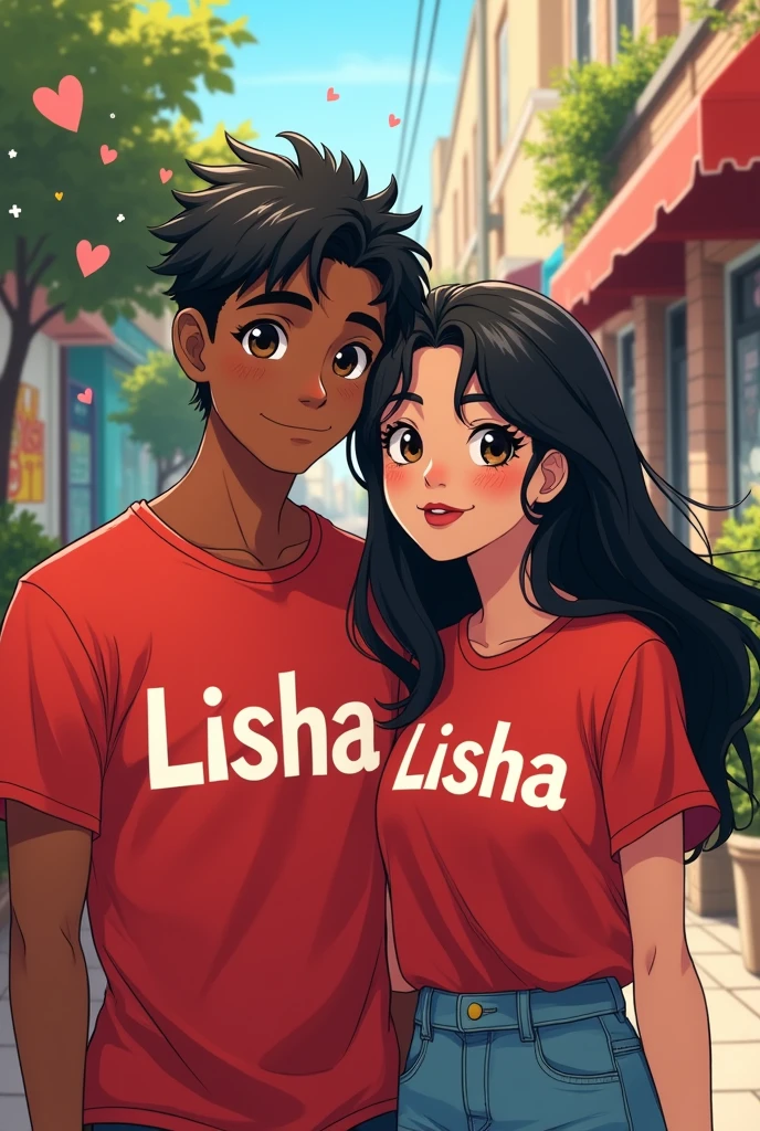 A  couple ,anime style, both chocolate skin colour, girl with black medium hair size,red t-shirt written Lisha on it,