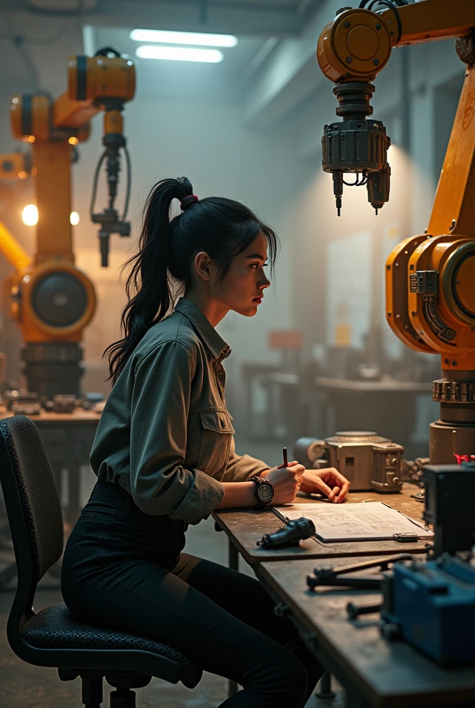 CREATE A MECHANICAL ENGINEERING IMAGE WITH BUILDING MACHINES AND A WOMAN WITH BLACK AND BROWN HAIR