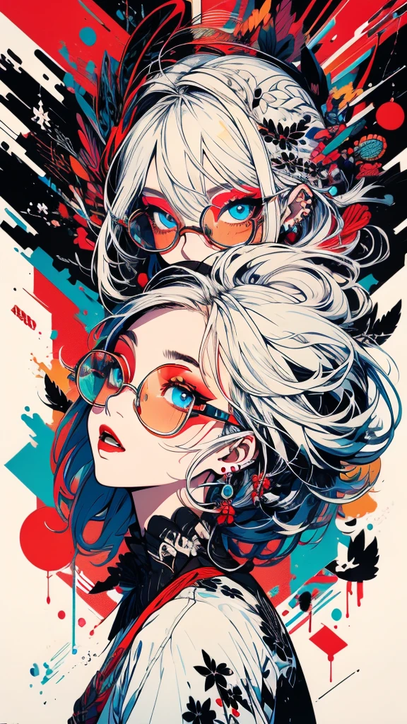 (1girl:1.3), Masterpiece, Best quality, amazing beauty, [[3D]], 4K, absurdres, finely detail, super detailed eye, perfect anatomy, official art, cinematic lighting, BREAK, Island, silky long hair, long braid, white hair, super shiny detailed blue eyes, big eyes, cute eyes, thick eyebrow, Gazing Upward, open-mouth, full lips, straight teeth, rouge, False eyelashes, red lips, red round cell frame glasses, piercing, excited face, BREAK , big breasts, tall, medium, gloss skin, seiza, from behind, BREAK ,kimono, BREAK,