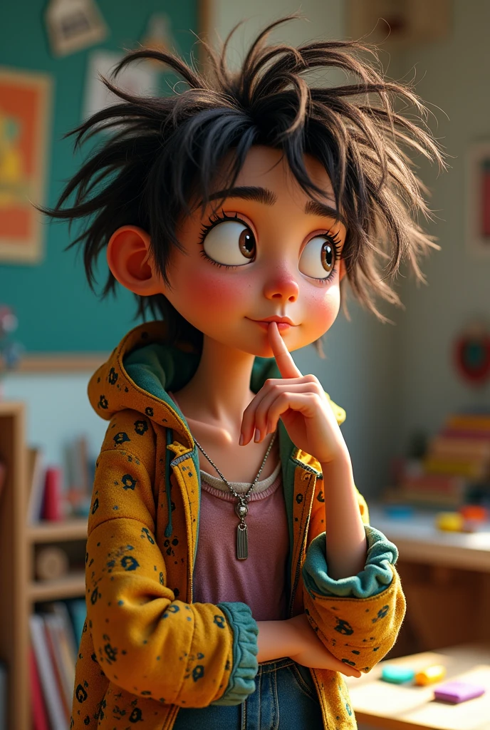 Character in the style of the movie Intensely curious with messy hair and clothes that don&#39;t match , face thinking very hard and with hand on face 
