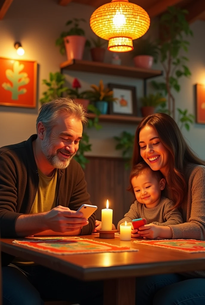 Generate an image that contains a family: one  men (Baba) Using the cellphone, a one woman (Mother) Using the cellphone e uma criança pequena () Using the cellphone, sitting at a restaurant table.