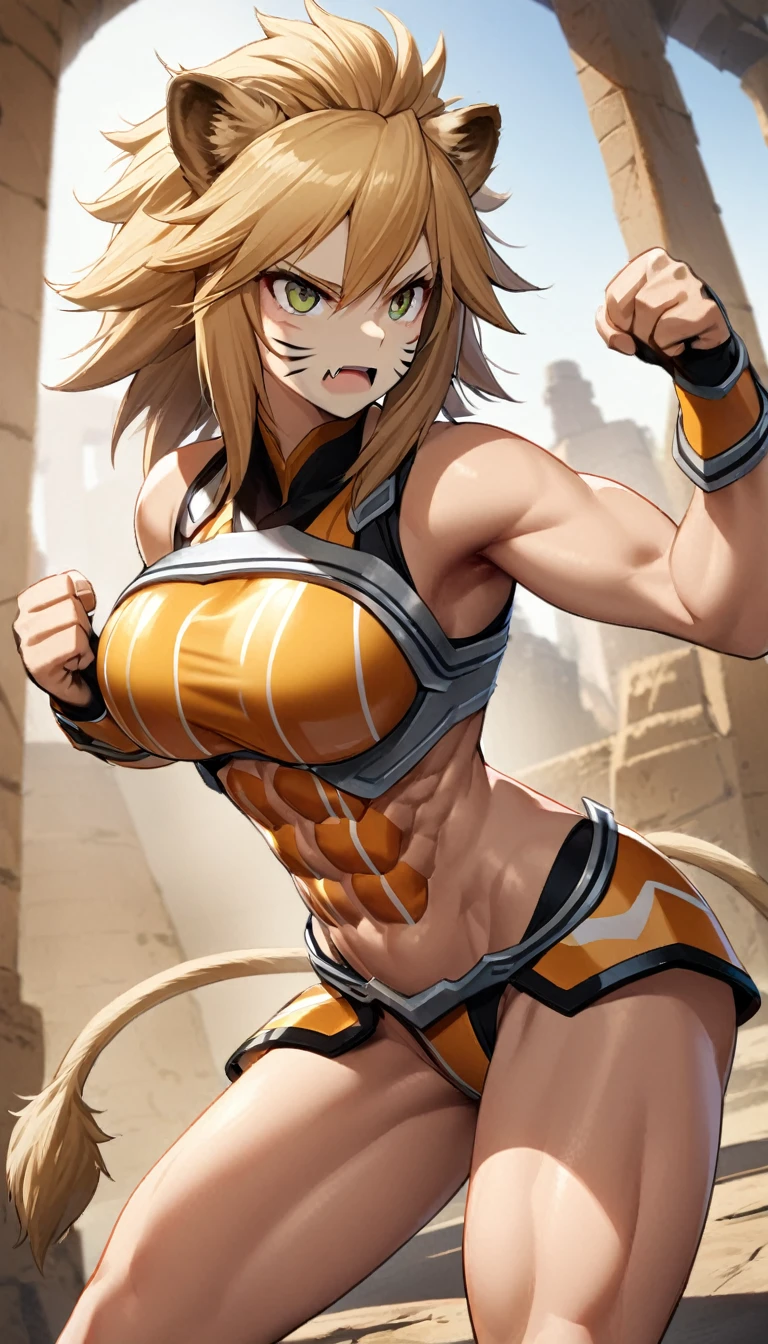 1girl, solo, long hair, snake girl, large breasts, athlete, (bikinia armour), bangs,hair over one eye, waistcloth, bare limbs, bare stomach, bare thgihs, Humanoid face and body, lion ears, stripes on cheeks, standing, lion's tail, fighting pose, lion's fang, stand pain well